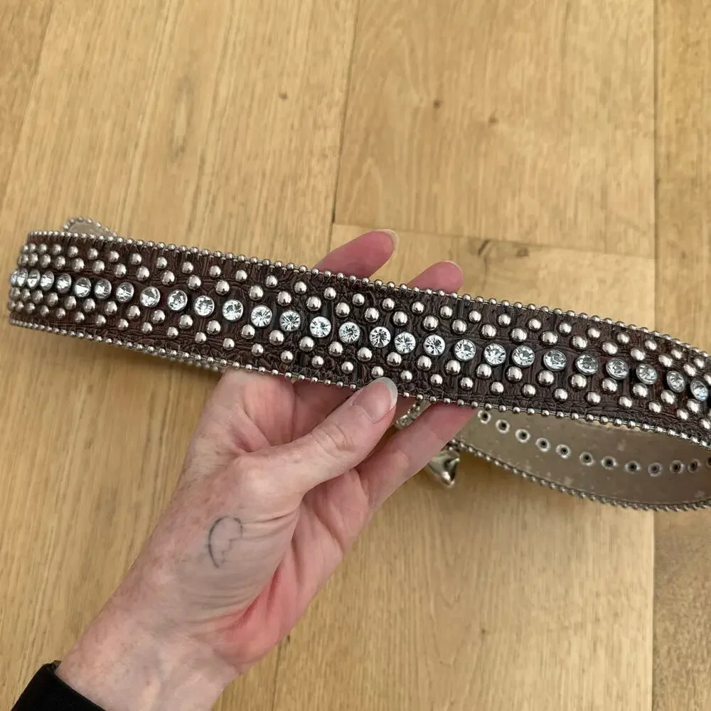 Guess Faux Leather Belt Studs Rhinestones Western Size S Brown Silver
